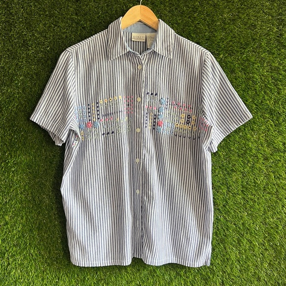 Koret Francisca Tops - Vintage Embroidered Striped Short Sleeve Button Up Shirt